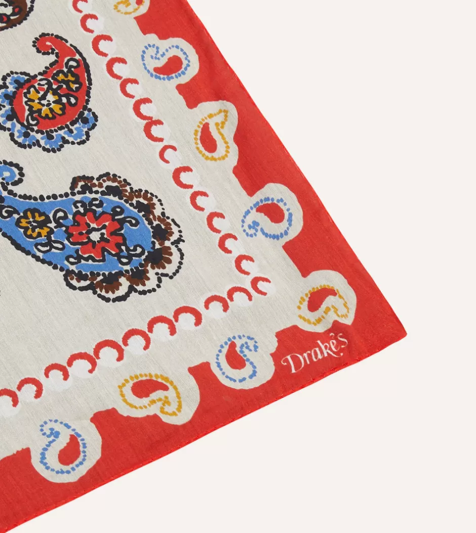 Drake's Beige And Red Summer Paisley Print Cotton-Silk Pocket Square Cheap