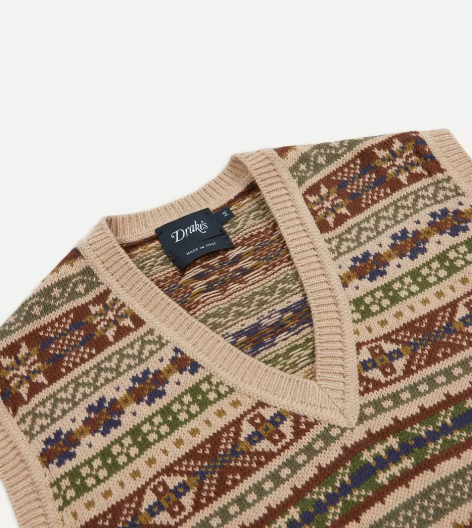 Drake's Beige Cotton Cashmere Fair Isle Knit Vest Cheap