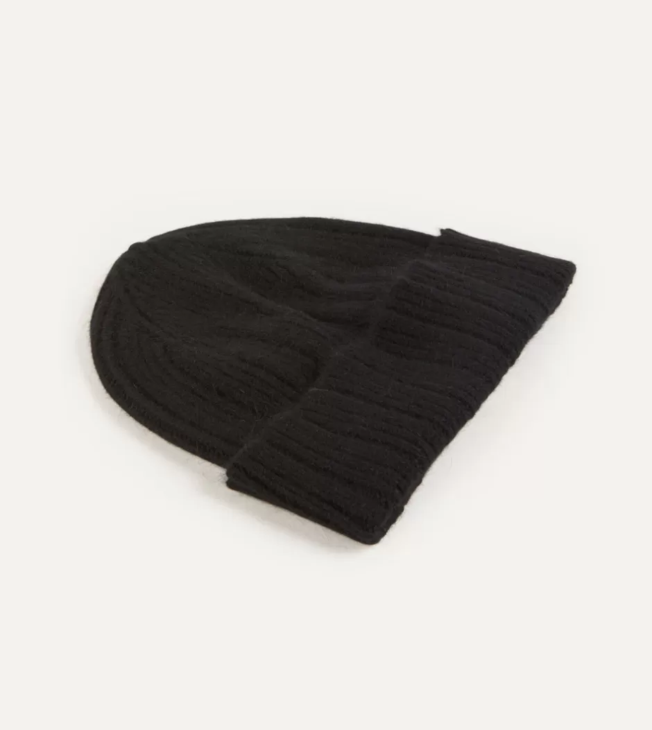 Drake's Angora Lambswool Ribbed Knit Cap Black Best