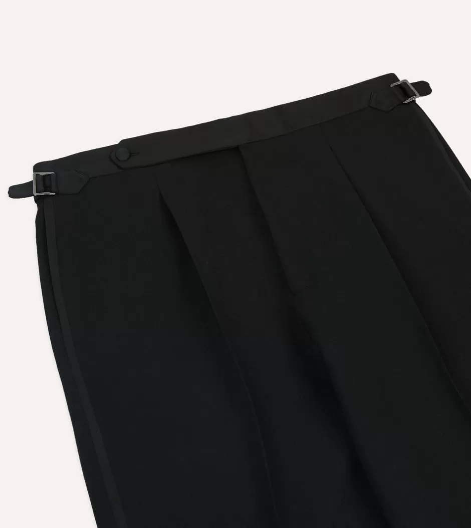 Drake's Black Barathea Wool Single Pleat Dinner Trousers Fashion