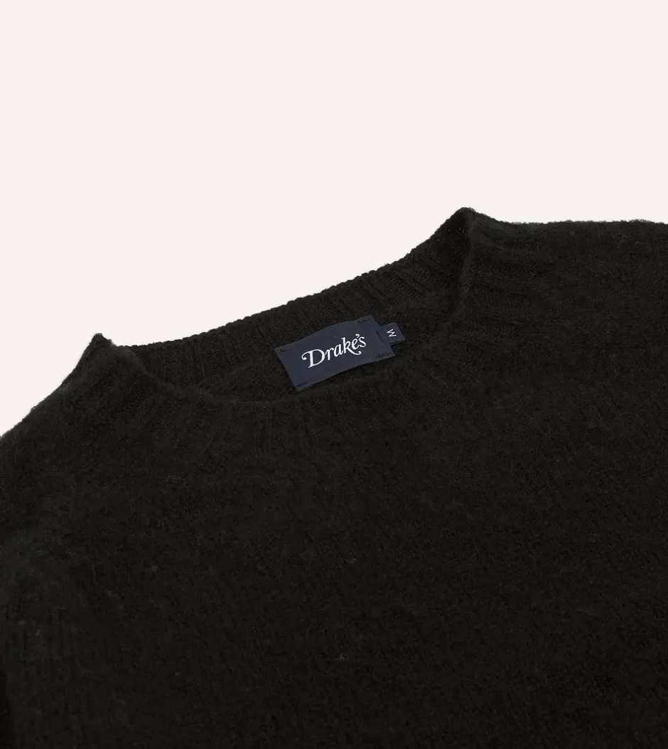 Drake's Brushed Shetland Crew Neck Jumper Black Discount