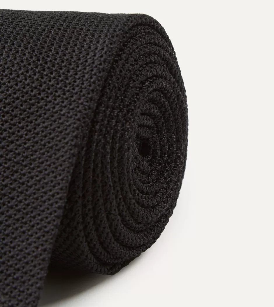 Drake's Black Fine Woven Grenadine Silk Hand Rolled Tie Hot