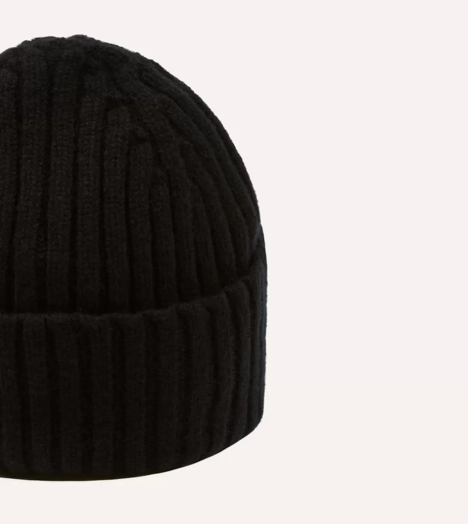 Drake's Lambswool Ribbed Knit Cap Black Hot