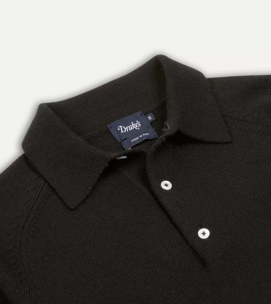 Drake's Merino Wool Knitted Polo Black Fashion