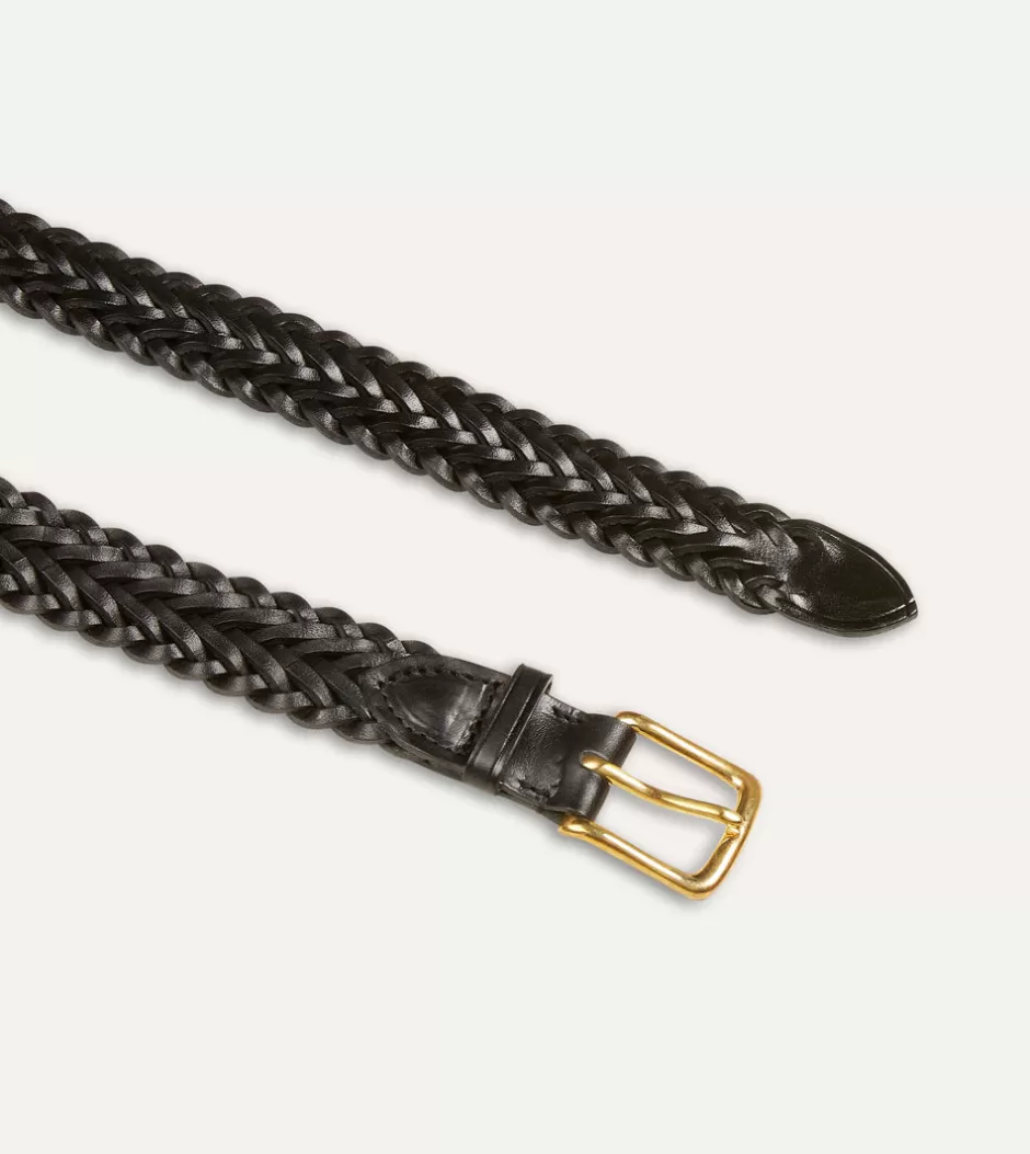 Drake's Black Plaited Bridle Leather Belt With Brass Buckle Clearance