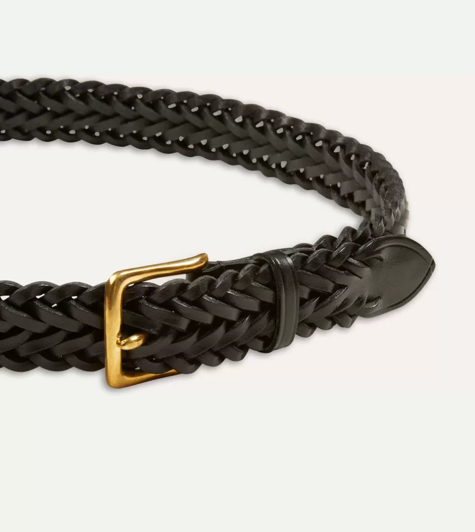 Drake's Black Plaited Bridle Leather Belt With Brass Buckle Clearance