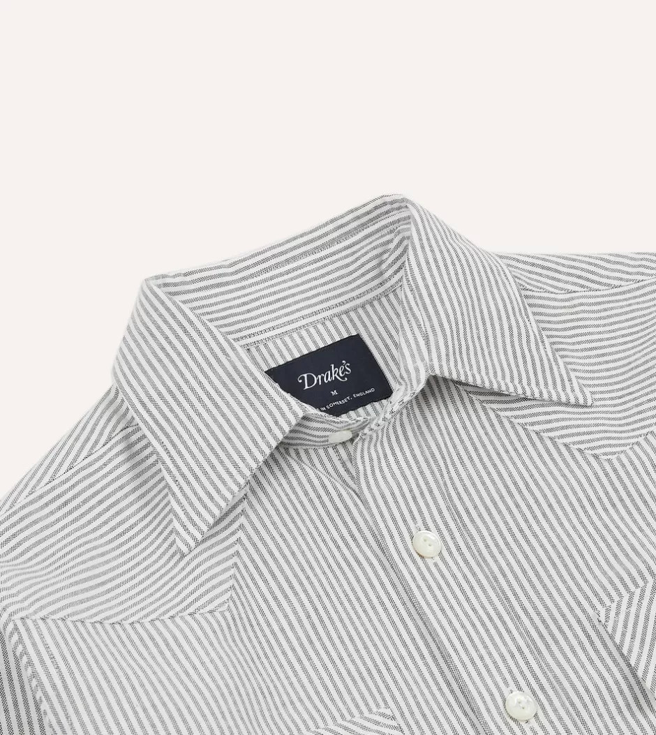 Drake's Stripe Cotton Oxford Two-Pocket Western Shirt Black Outlet