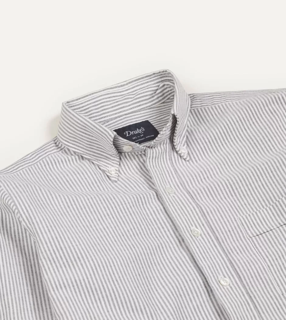 Drake's Ticking Stripe Cotton Oxford Cloth Button-Down Shirt Black Shop