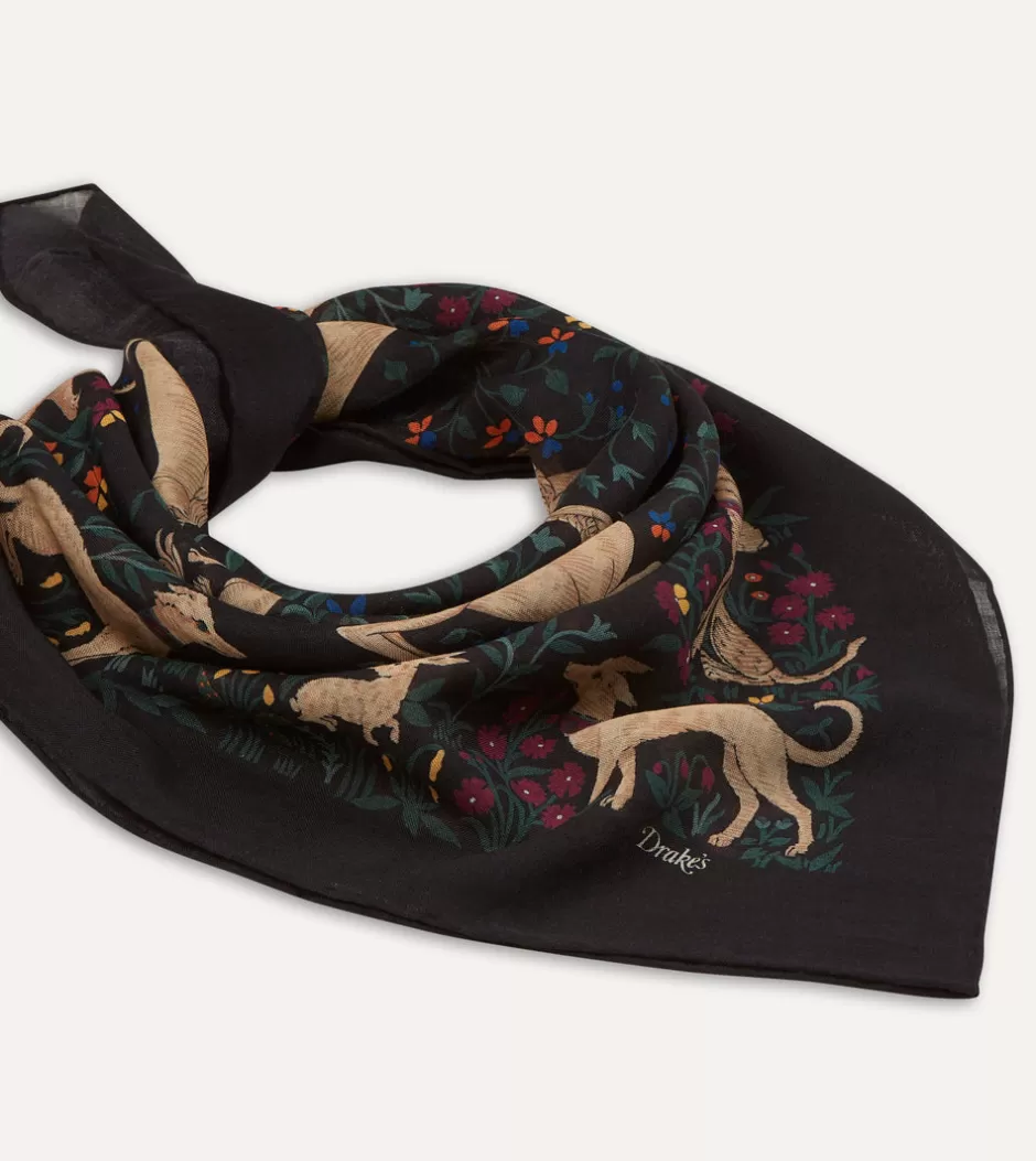 Drake's Black Unicorn Print Wool-Silk Square Scarf Online