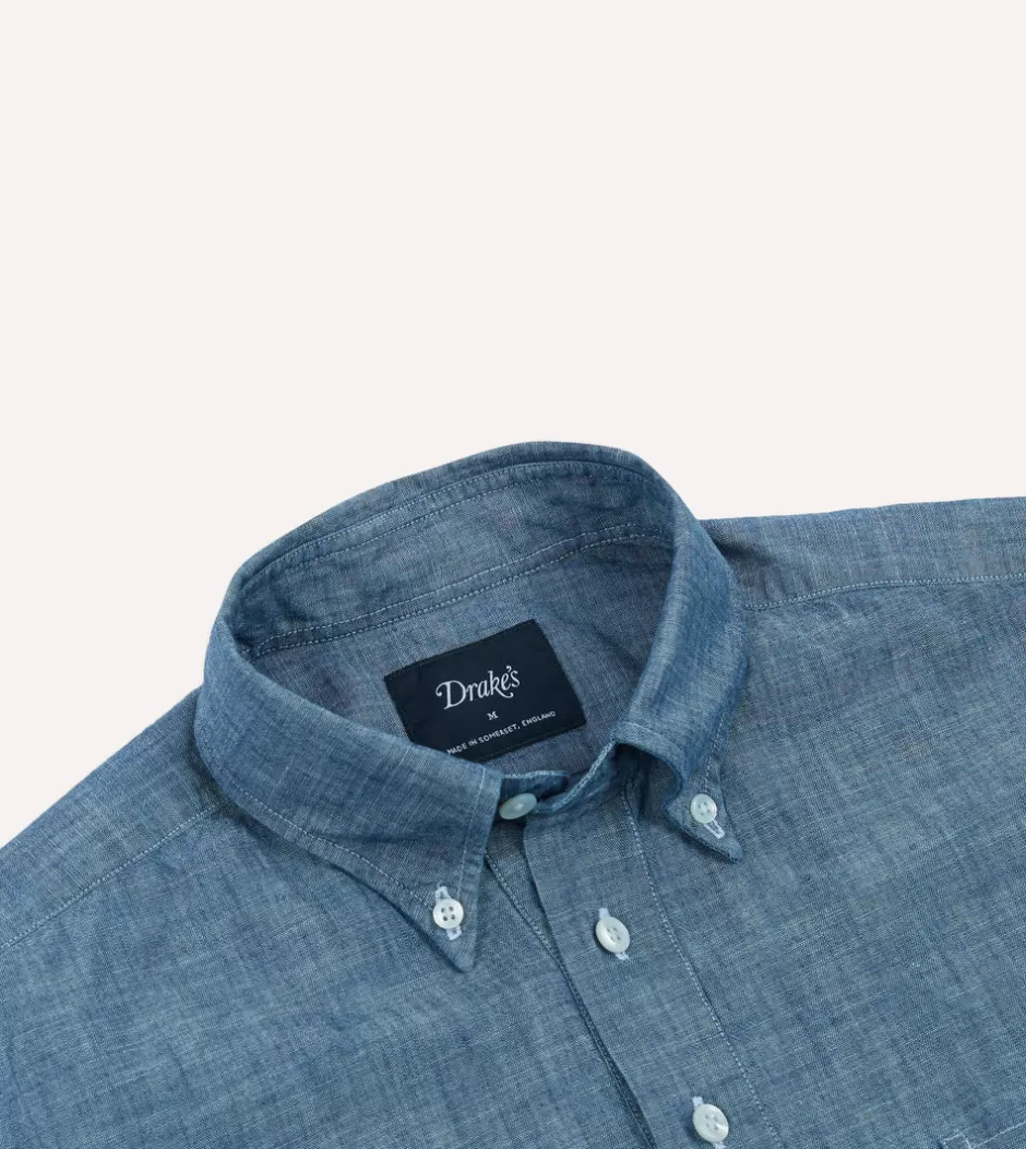 Drake's Bleach Blue Cotton Chambray Button-Down Popover Shirt Sale