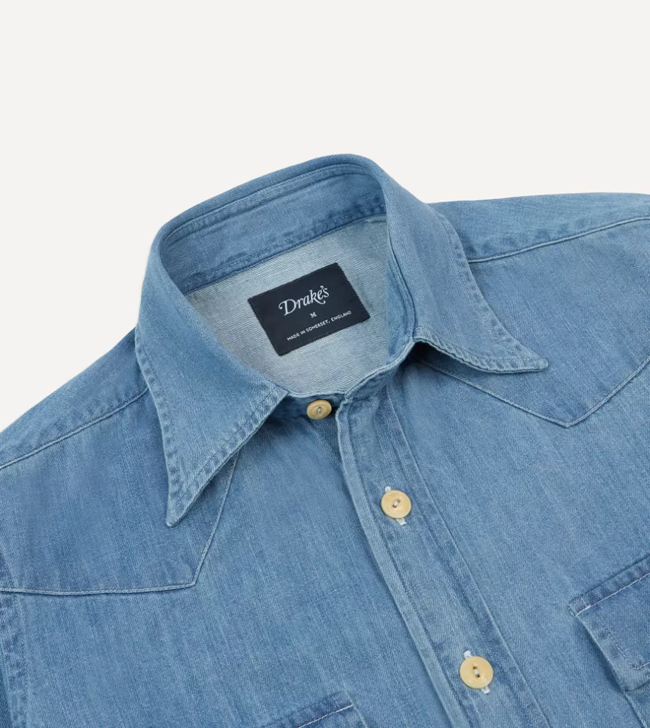 Drake's Denim Two-Pocket Western Shirt Bleach wash Best Sale