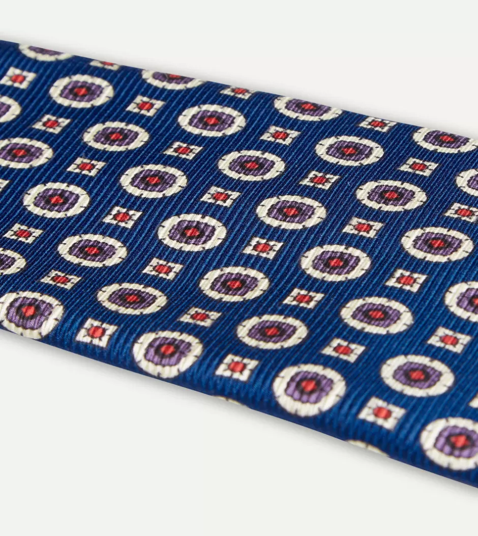 Drake's Blue And Red Geometric Medallion Print Silk Foulard Tie Discount