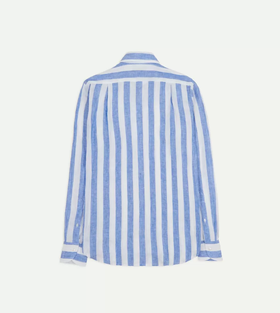 Drake's Blue And White Broad Stripe Linen Spread Collar Shirt Cheap