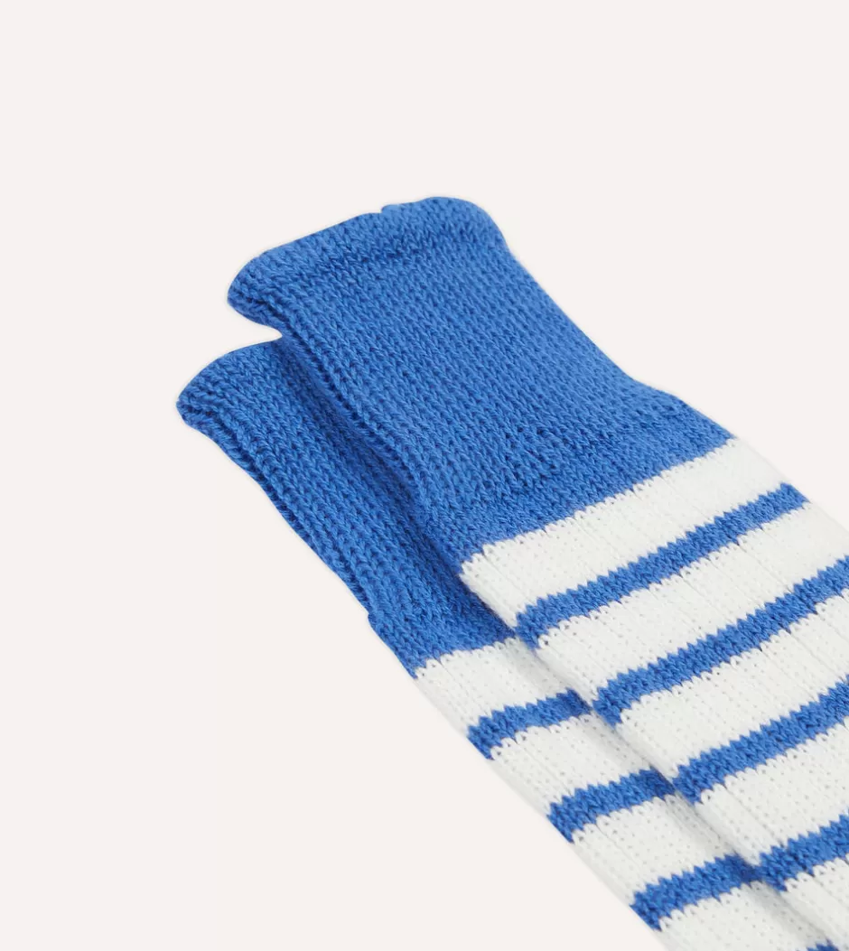 Drake's Blue And White Striped Cotton Sports Sock Best Sale