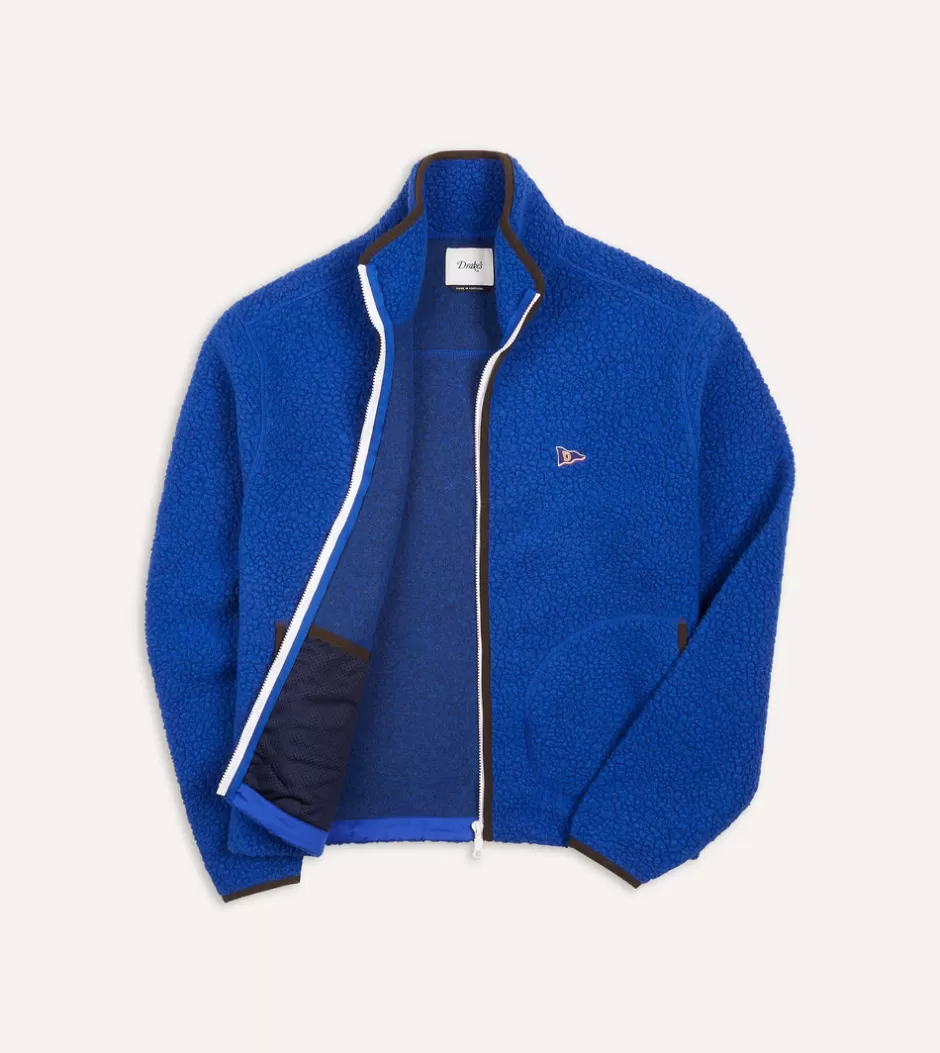 Drake's Boucle Wool Zip Fleece Jacket Blue Best