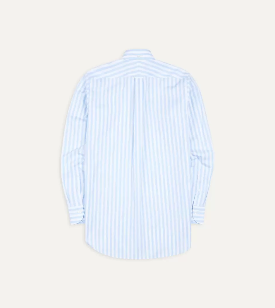 Drake's Blue Broad Stripe Cotton Poplin Button-Down Shirt New