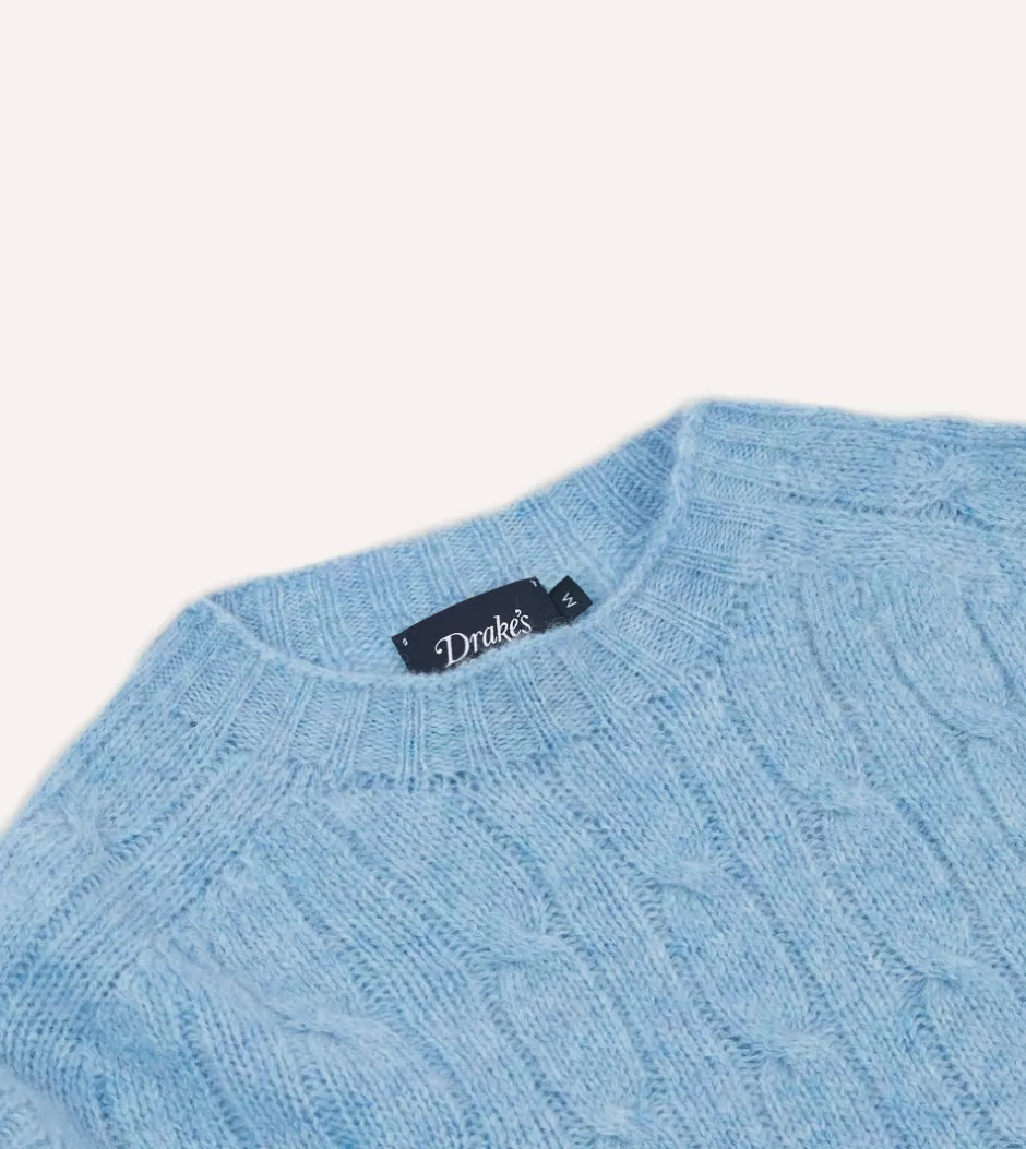 Drake's Brushed Shetland Cable Knit Crew Neck Jumper Blue Clearance