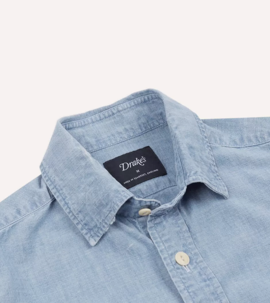 Drake's Blue Cotton Chambray Two-Pocket Work Shirt Outlet