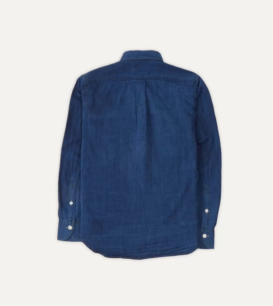 Drake's Blue Cotton Linen Two-Pocket Work Shirt Outlet