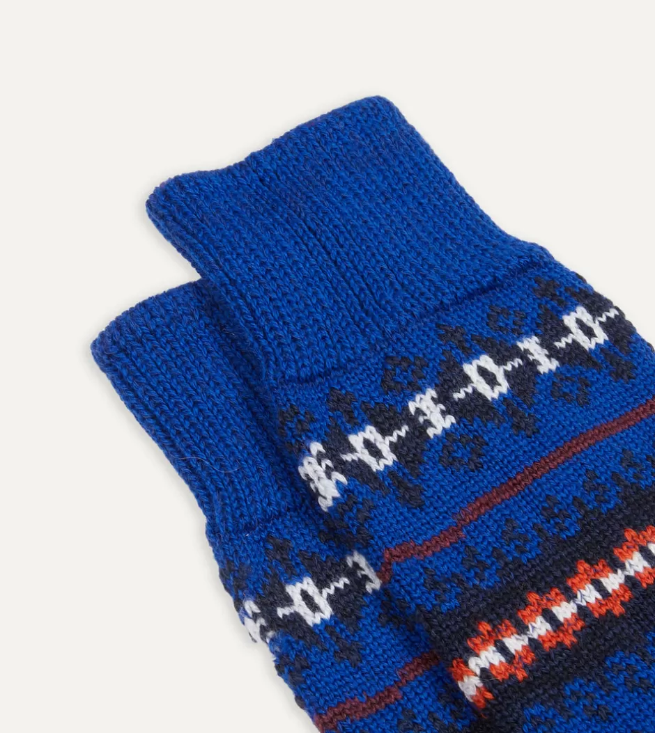 Drake's Blue Fair Isle Wool Cotton Socks Shop