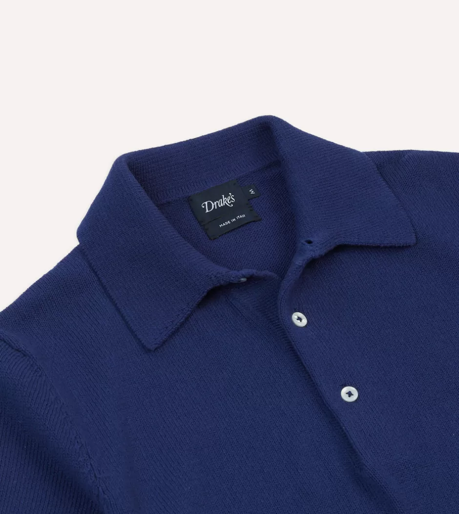 Drake's Knitted Crepe Cotton Short-Sleeve Polo Shirt Blue Shop