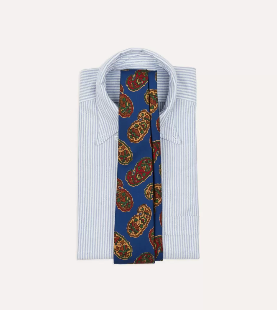 Drake's Blue Large Paisley Print Silk Self Tipped Tie Store