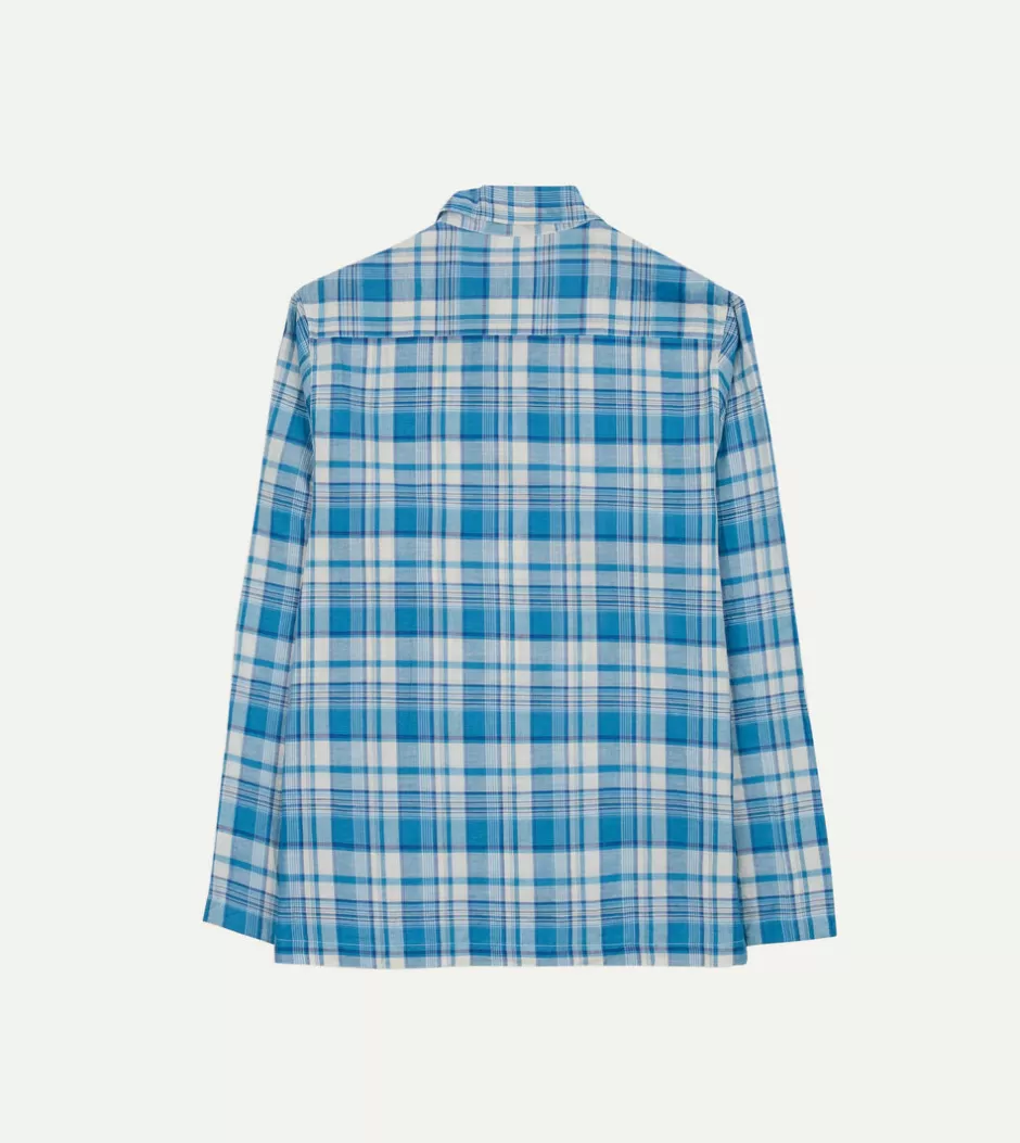 Drake's Blue Madras Check Linen Smock Shirt Discount