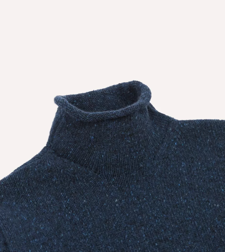 Drake's Marl Mohair Wool Mock Neck Jumper Blue New