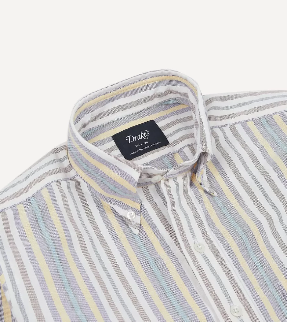 Drake's Blue Multi Stripe Cotton Oxford Cloth Button-Down Shirt Hot