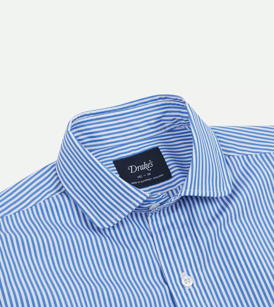 Drake's Blue Narrow Stripe Poplin Club Collar Shirt Discount