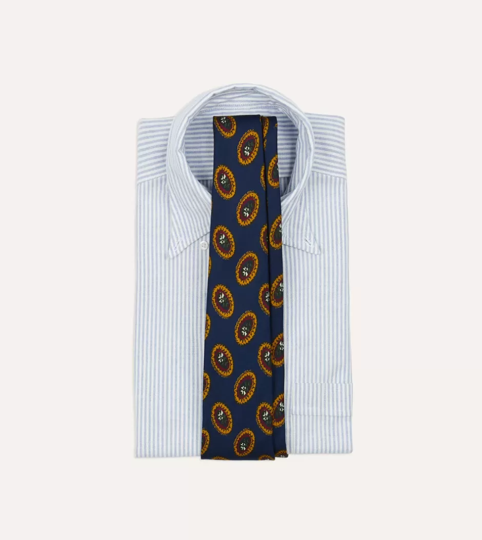 Drake's Blue Oval Medallion Print Silk Self Tipped Tie Clearance