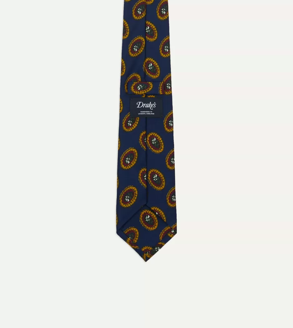 Drake's Blue Oval Medallion Print Silk Self Tipped Tie Clearance