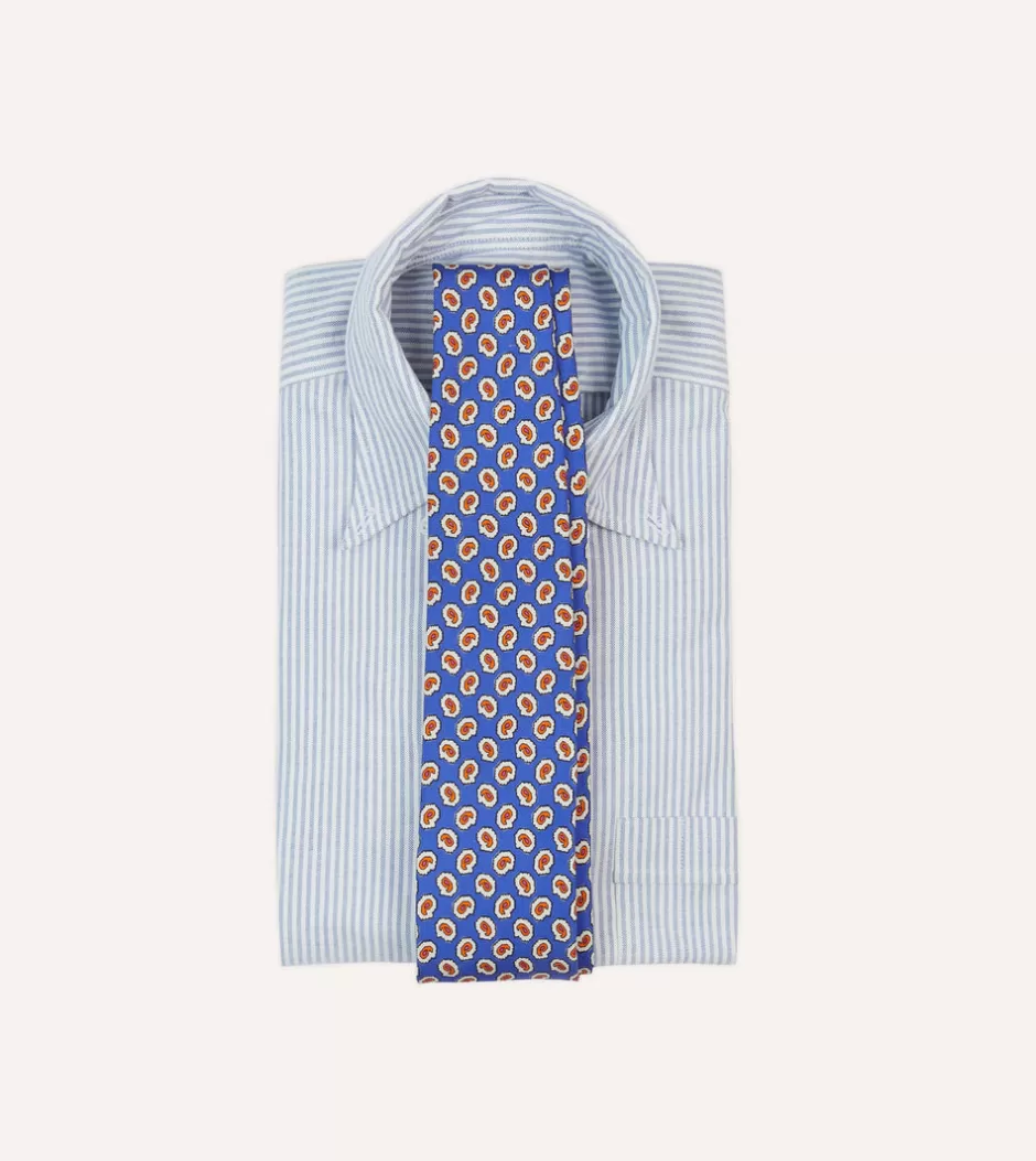 Drake's Small Paisley Leaf Print Silk Self Tipped Tie Blue Best