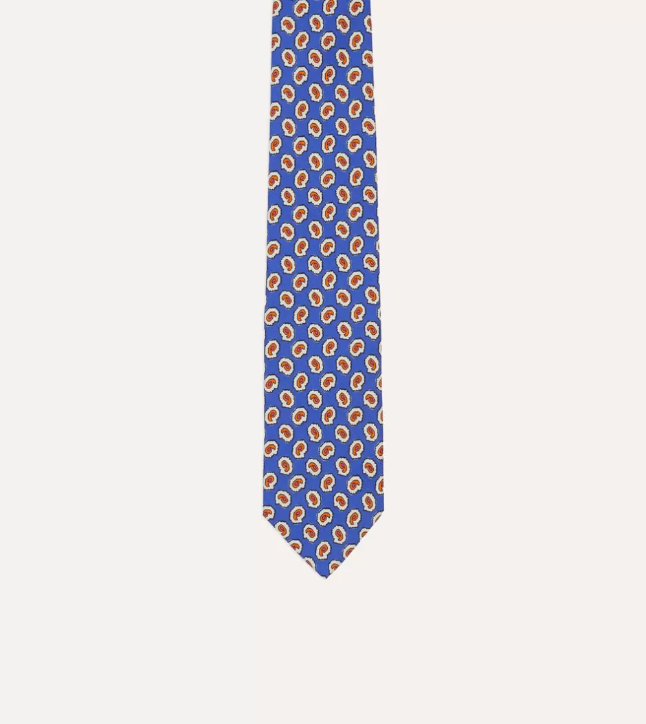 Drake's Small Paisley Leaf Print Silk Self Tipped Tie Blue Best