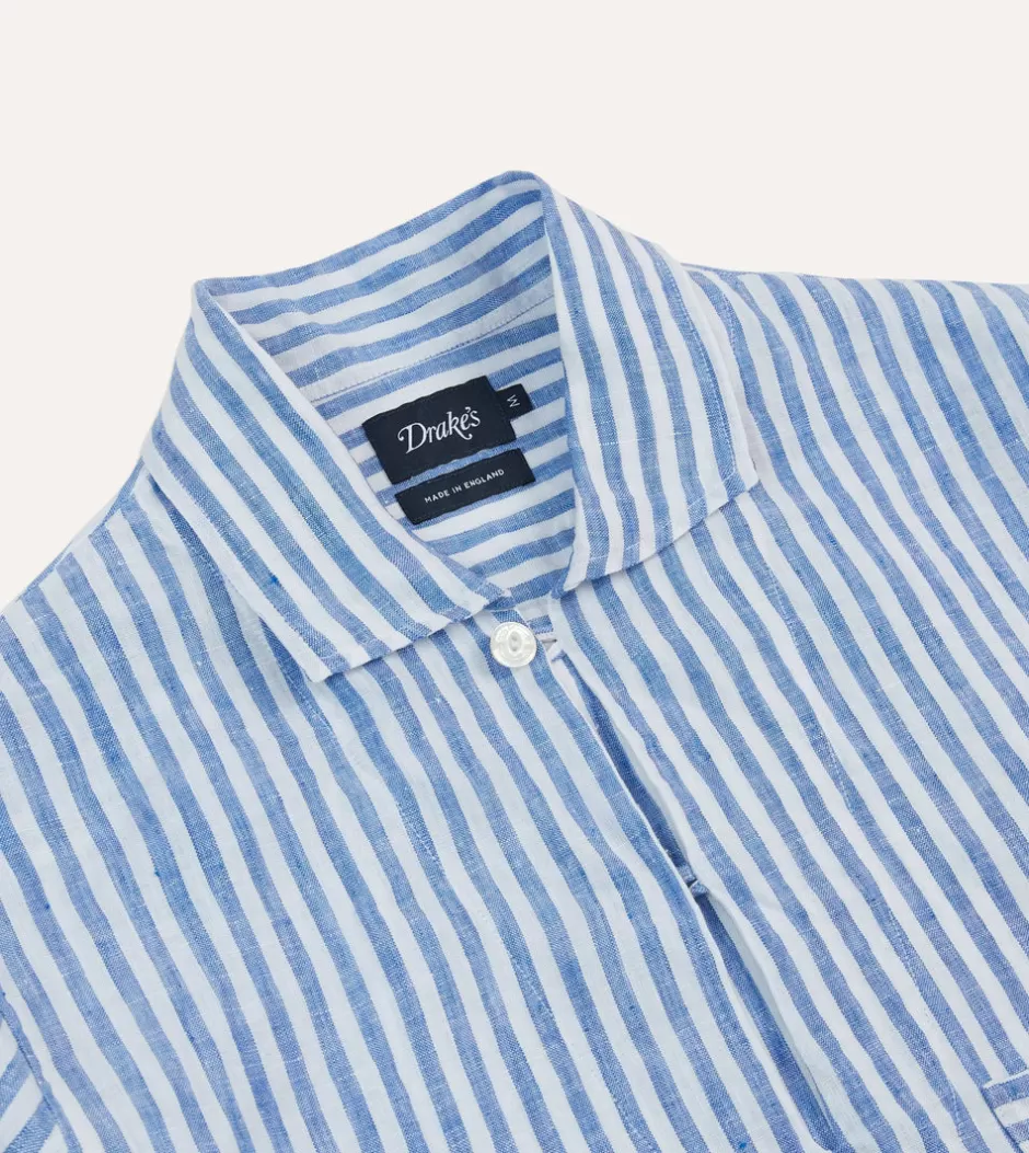 Drake's Stripe Linen Smock Shirt Blue Fashion