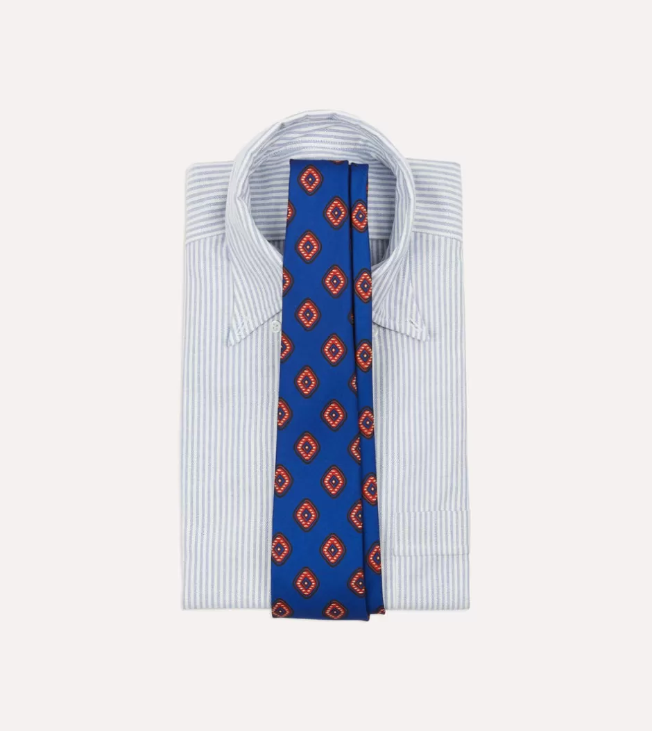 Drake's Blue Tile Print 36oz Madder Silk Self Tipped Tie Cheap