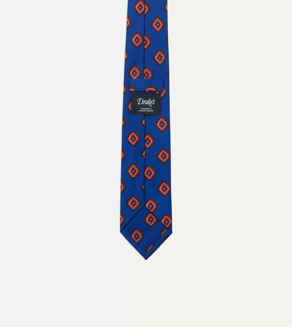 Drake's Blue Tile Print 36oz Madder Silk Self Tipped Tie Cheap