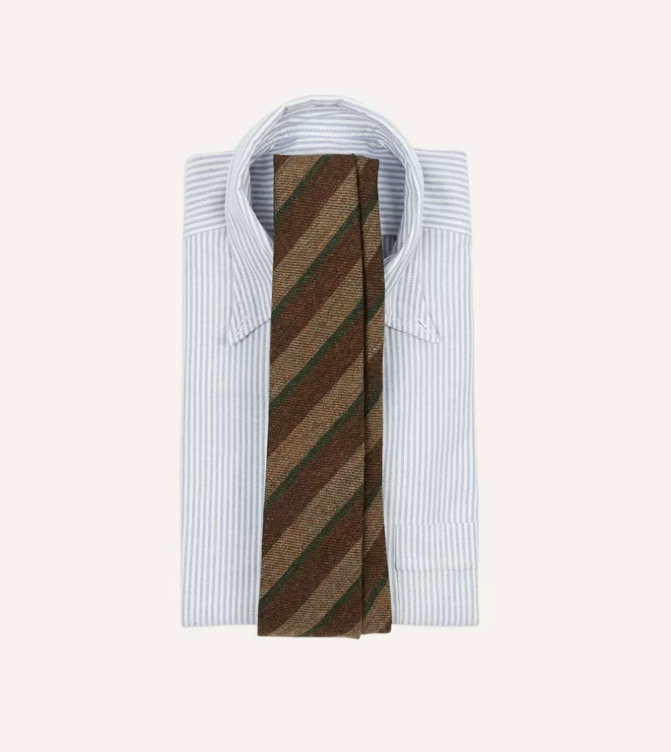 Drake's Brown And Green Sandwich Stripe Hand Rolled Wool Tie Cheap