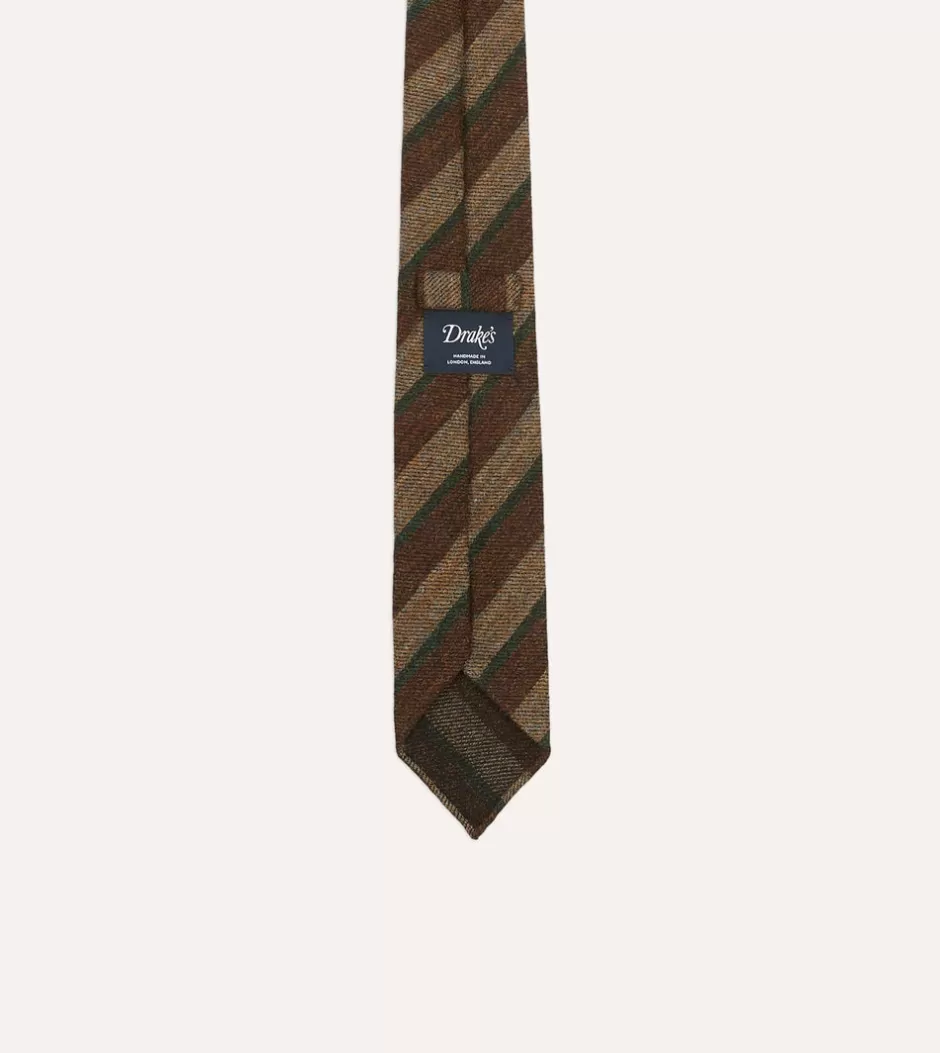 Drake's Brown And Green Sandwich Stripe Hand Rolled Wool Tie Cheap