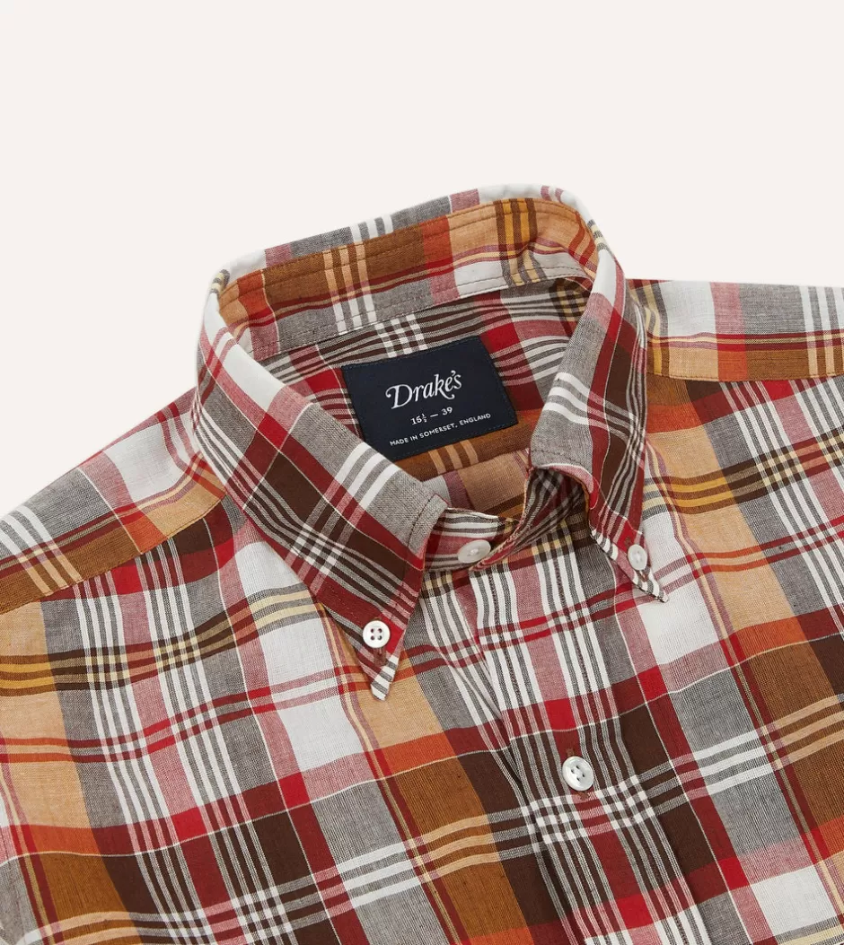 Drake's Brown And Red Madras Check Cotton Button-Down Shirt Store