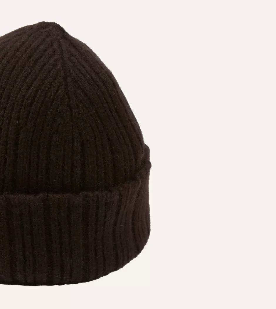 Drake's Angora Lambswool Ribbed Knit Cap Brown Fashion