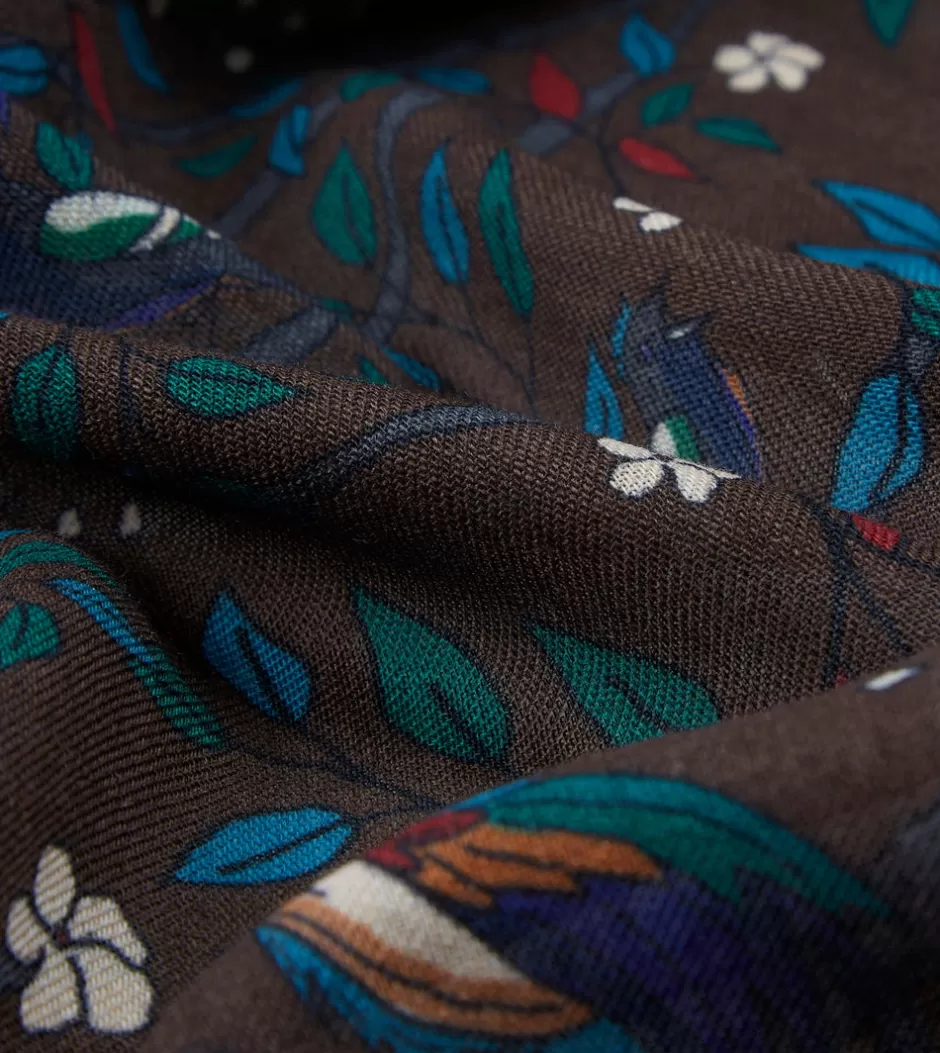 Drake's Brown Birds Of Paradise Print Wool Scarf Shop