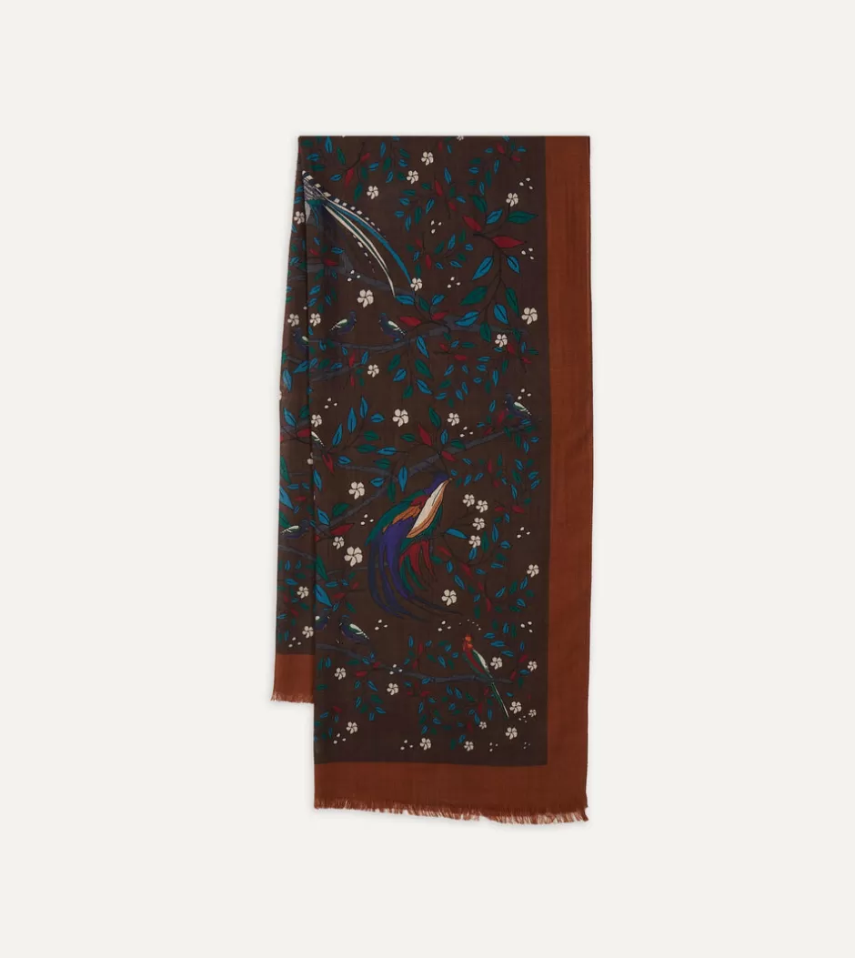 Drake's Brown Birds Of Paradise Print Wool Scarf Shop