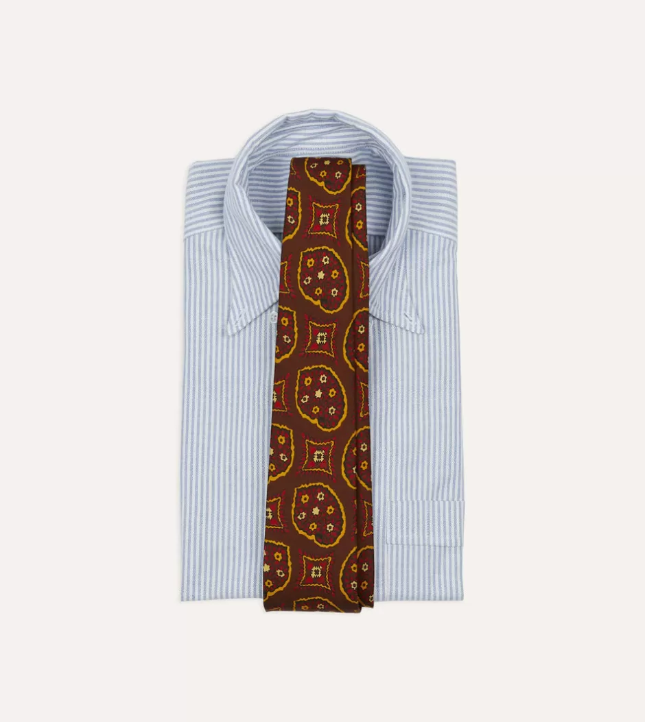 Drake's Brown Exploded Paisley Print Silk Self Tipped Tie Hot