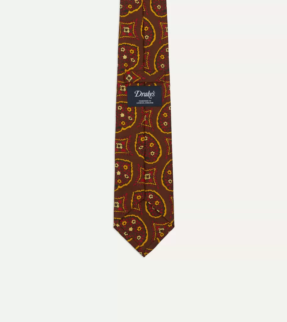 Drake's Brown Exploded Paisley Print Silk Self Tipped Tie Hot