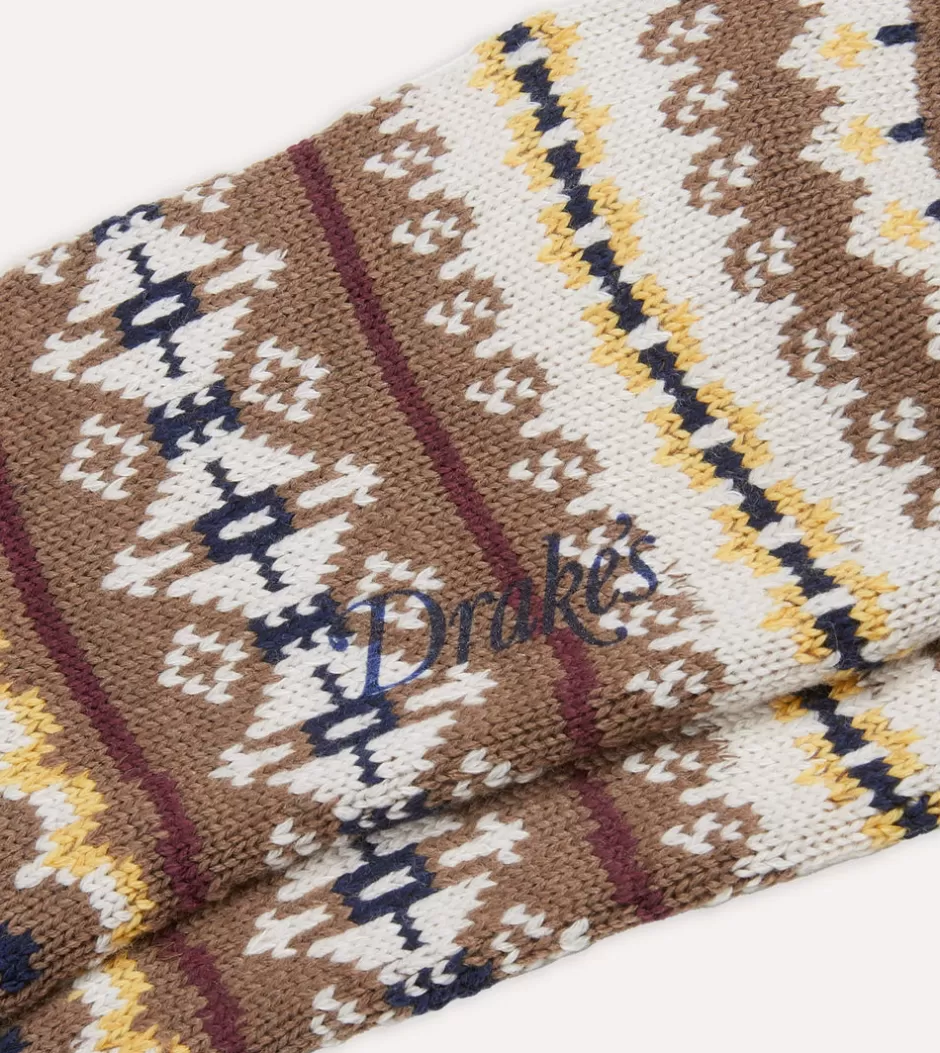 Drake's Brown Fair Isle Wool Cotton Socks Clearance