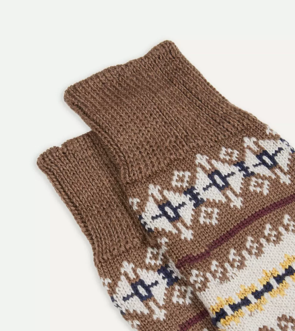 Drake's Brown Fair Isle Wool Cotton Socks Clearance