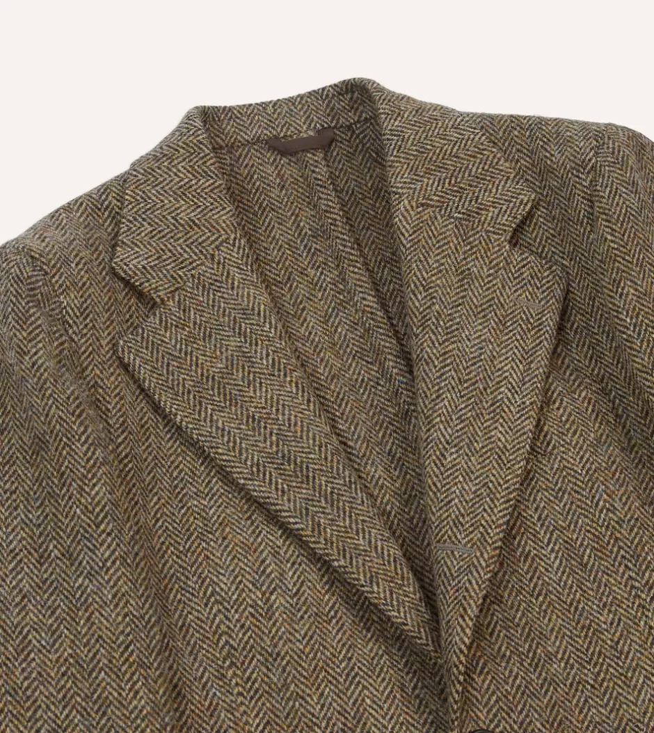 Drake's Brown Herringbone Harris Tweed Blazer Sale