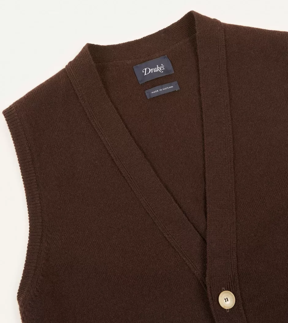 Drake's Lambswool Sleeveless Cardigan Brown Clearance