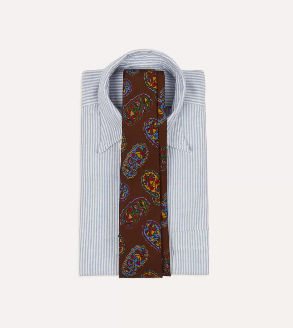 Drake's Brown Large Paisley Print Silk Self Tipped Tie New